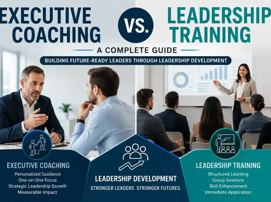 Executive Coaching vs. Leadership Training comparison illustrating personalized coaching, structured leadership training, and leadership development for future-ready organizations.