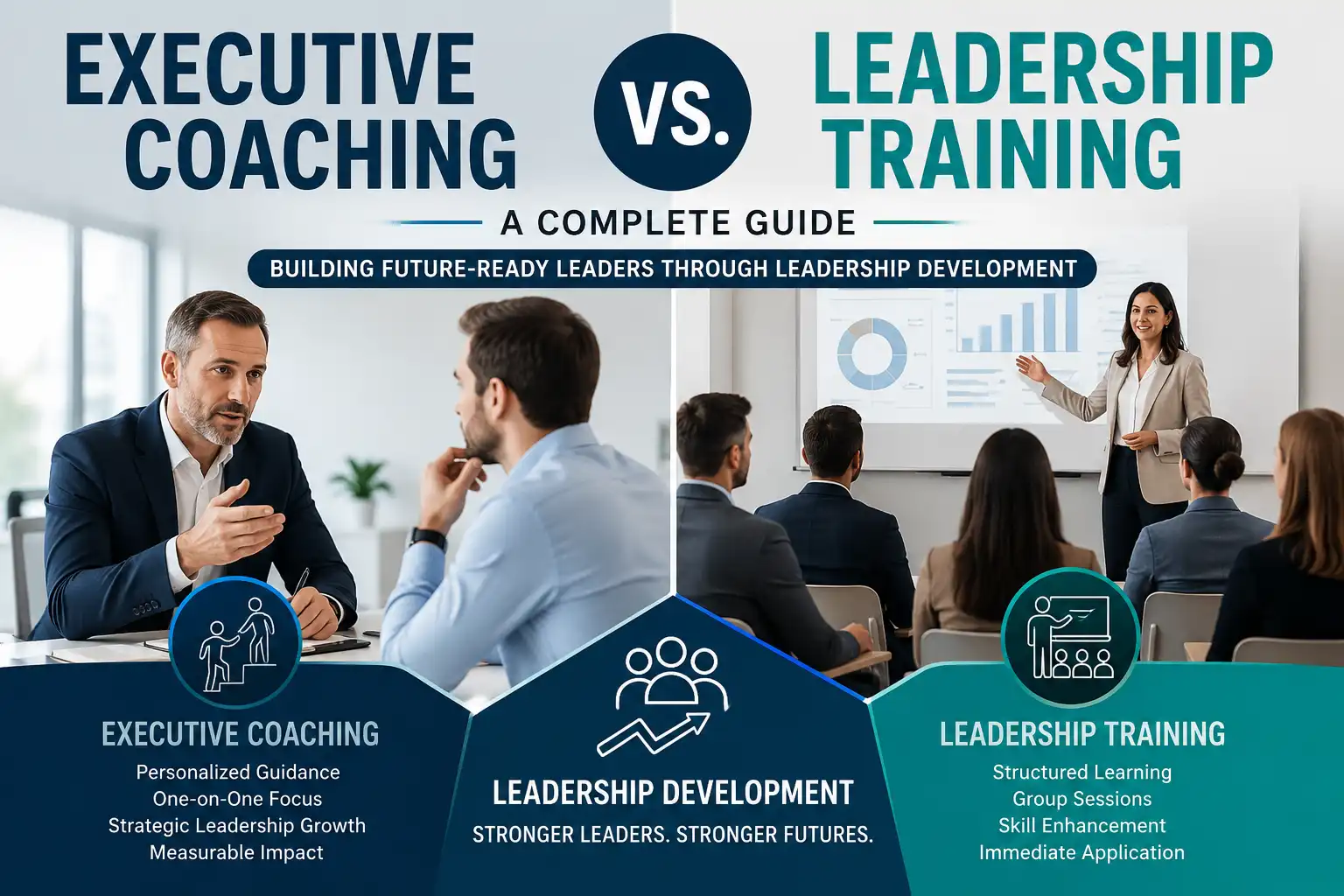 Executive Coaching vs. Leadership Training comparison illustrating personalized coaching, structured leadership training, and leadership development for future-ready organizations.