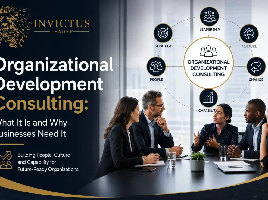 Executive team in a strategy session reviewing organizational development consulting recommendations