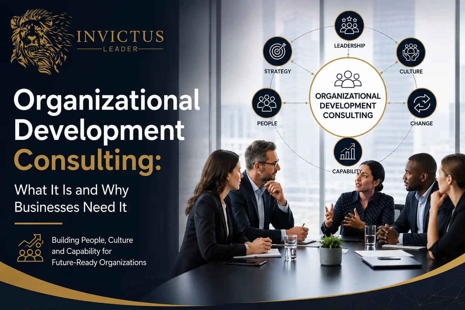 Executive team in a strategy session reviewing organizational development consulting recommendations