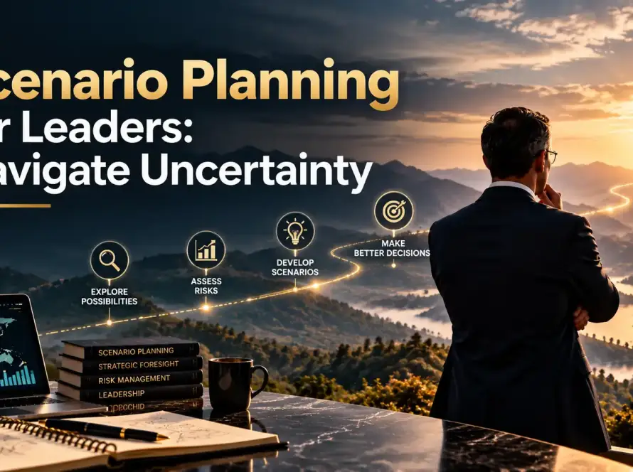 Executive team reviewing four scenario options on a strategy board while planning for uncertainty